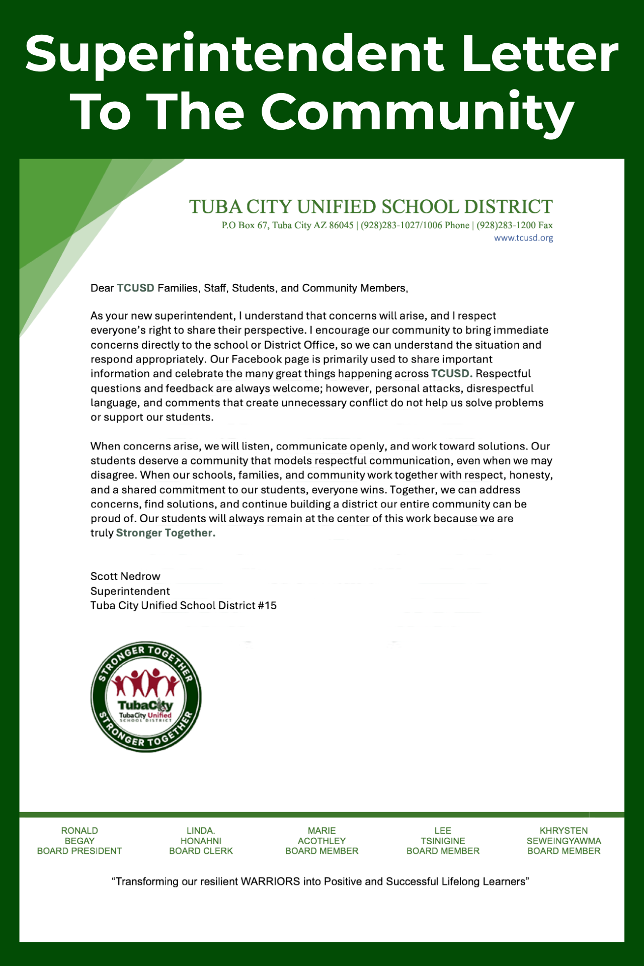 Superintendent Letter To the Community